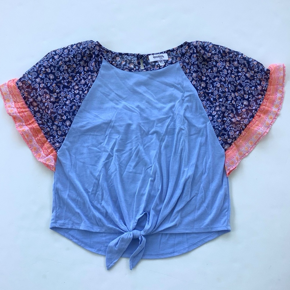 Speechless Light Blue Tie-Front Top with Navy Floral Sleeves and Peach Trim